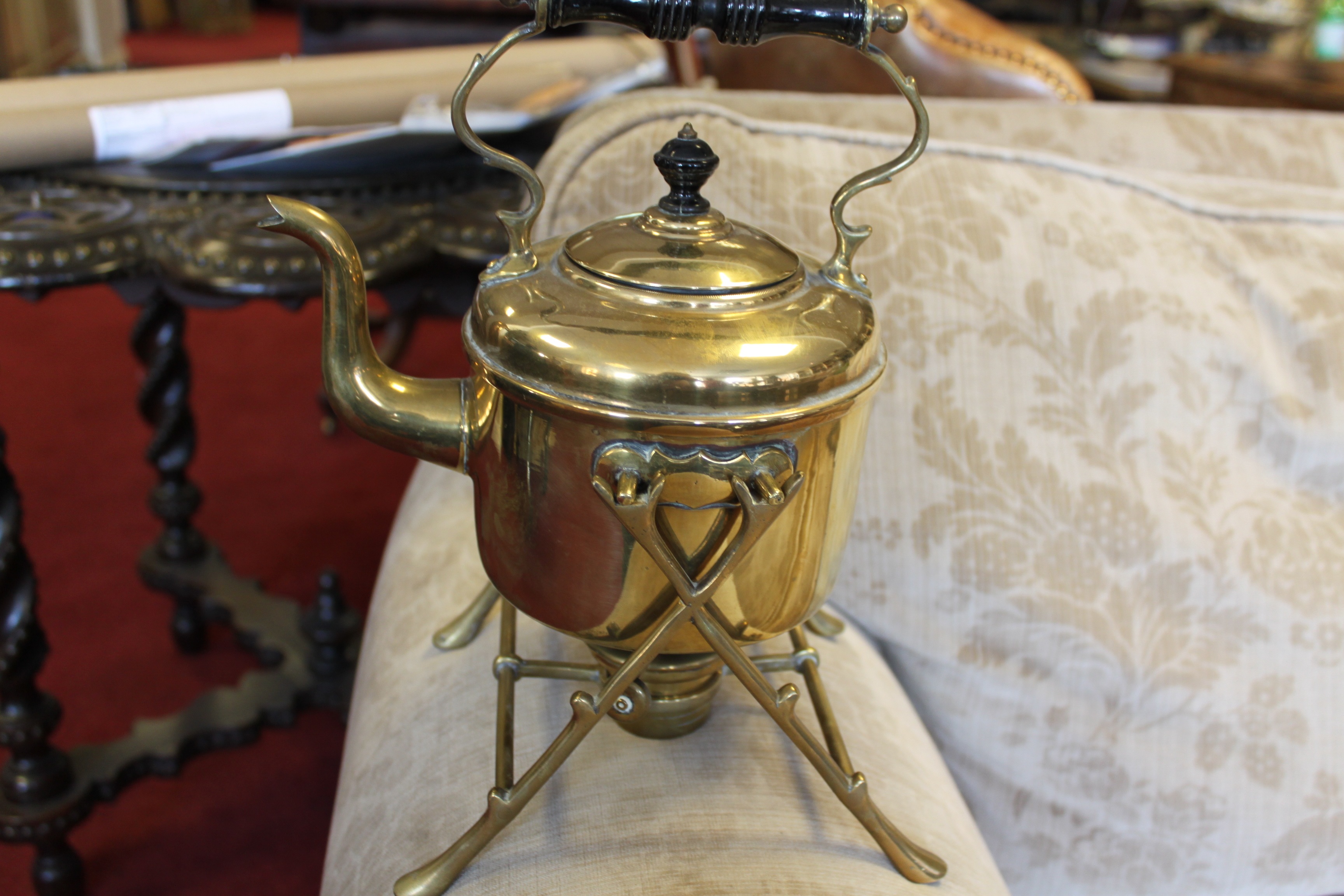 BRASS KETTLE W/BURNER ON BRASS CROSSSIDED STAND